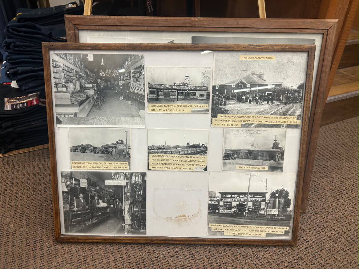 Framed display of historic Livermore photographs — Concannon, Joesville Bakery, and the Rock House