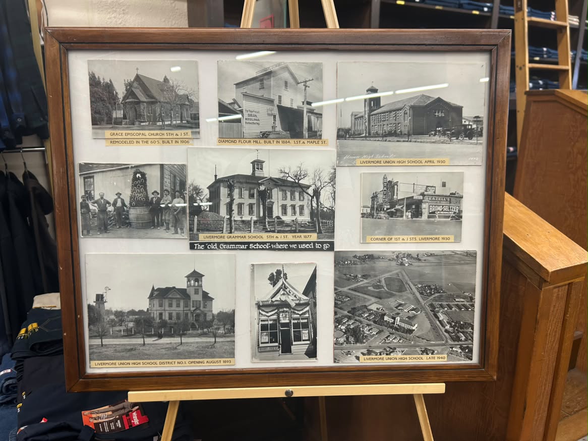 Framed display of the old Livermore Grammar School and Union High School photographs